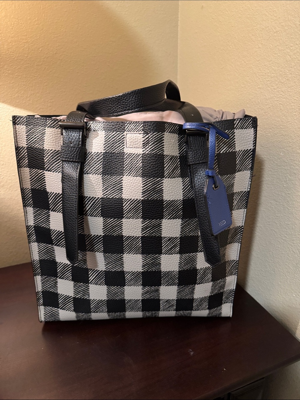 Black & White Plaid Tote Bag with Blue Tag